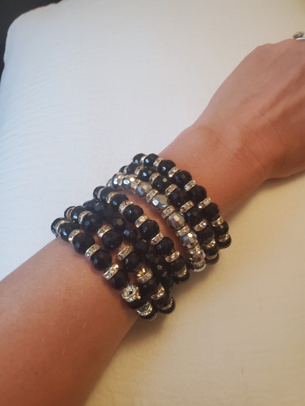 Stretchy Stack Lot Of Black and Silver Beaded  Bracelets